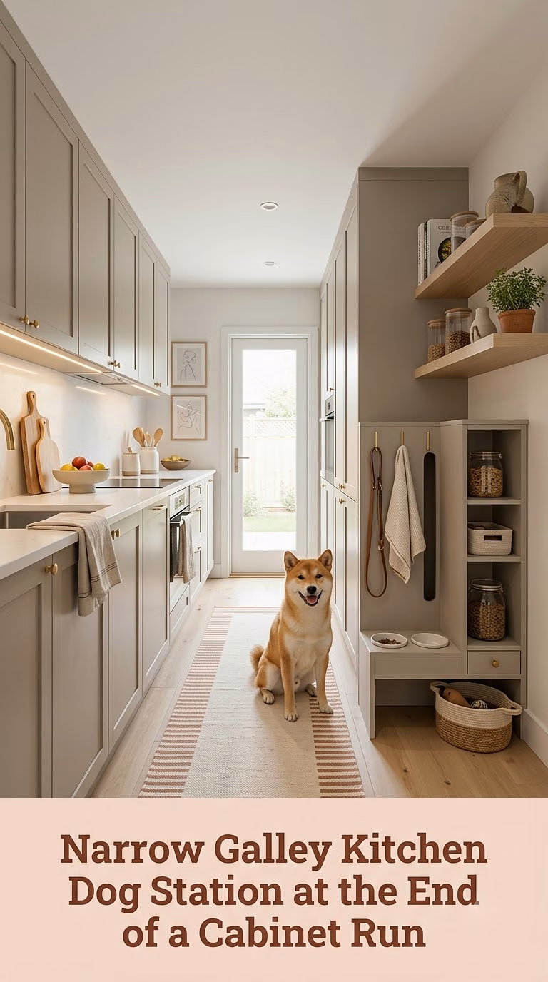 12. Narrow Galley Kitchen Dog Station at the End of a Cabinet Run