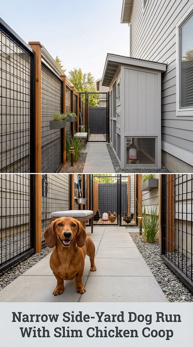 Narrow Side-Yard Dog Run With Slim Chicken Coop