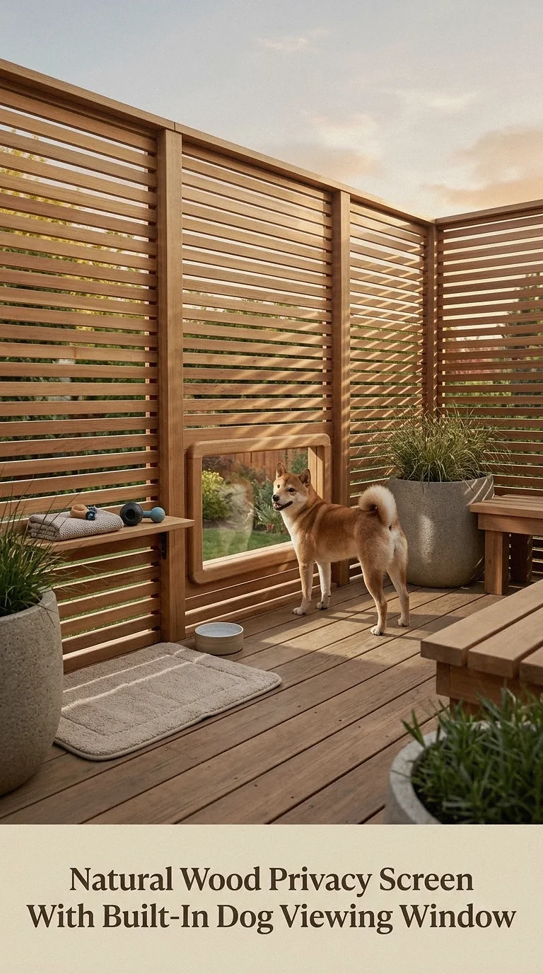 Natural Wood Privacy Screen With Built-In Dog Viewing Window