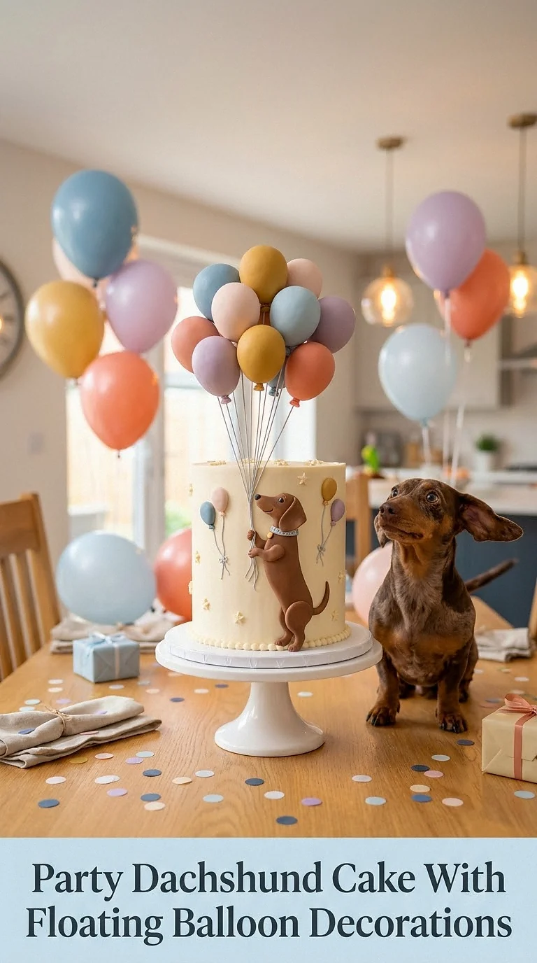 Party Dachshund Cake With Floating Balloon Decorations