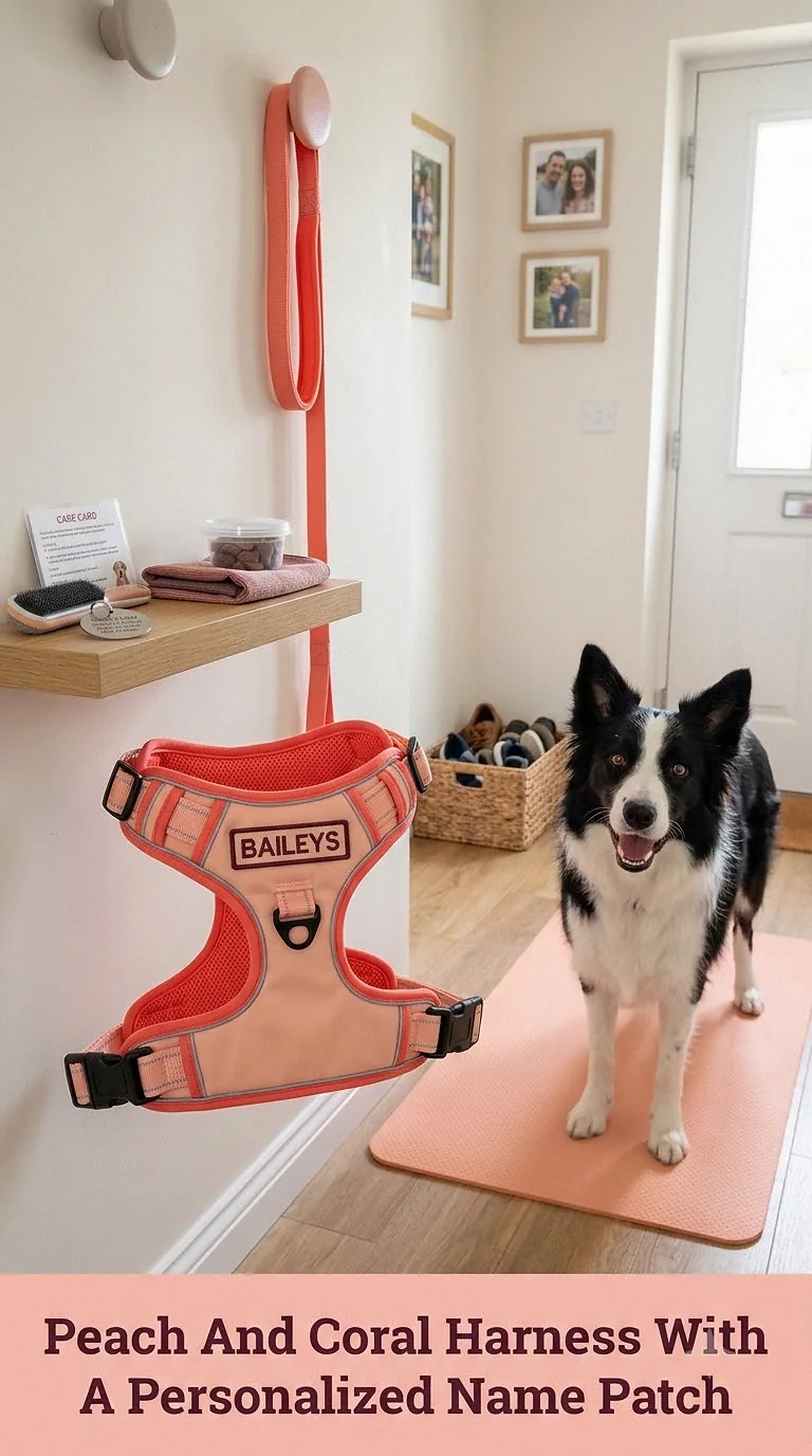 Peach And Coral Harness With A Personalized Name Patch