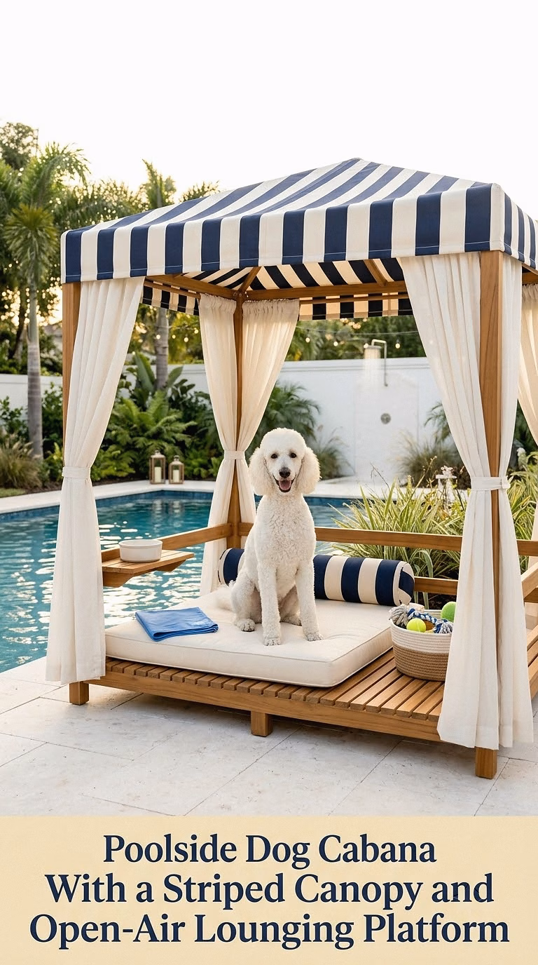 Poolside Dog Cabana With a Striped Canopy and Open-Air Lounging Platform