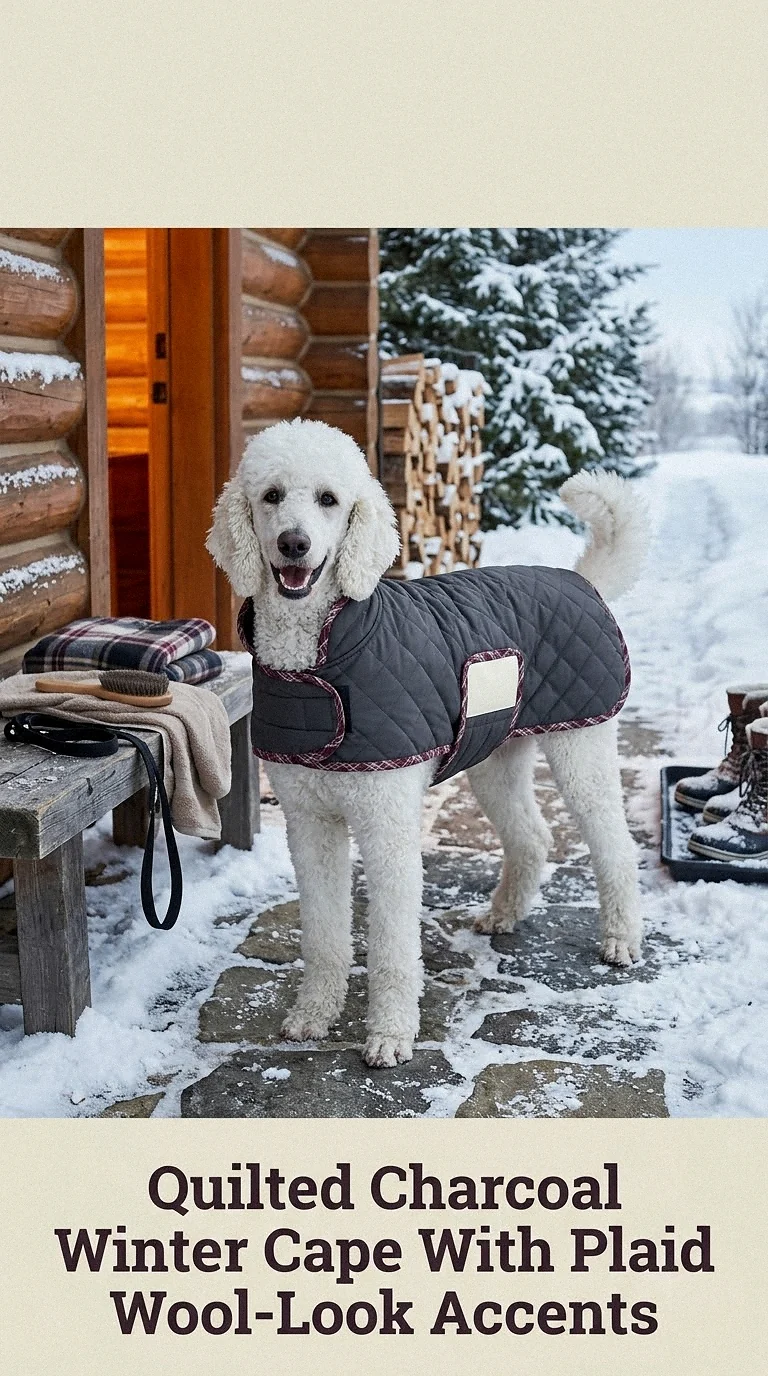 Quilted Charcoal Winter Cape With Plaid Wool-Look Accents
