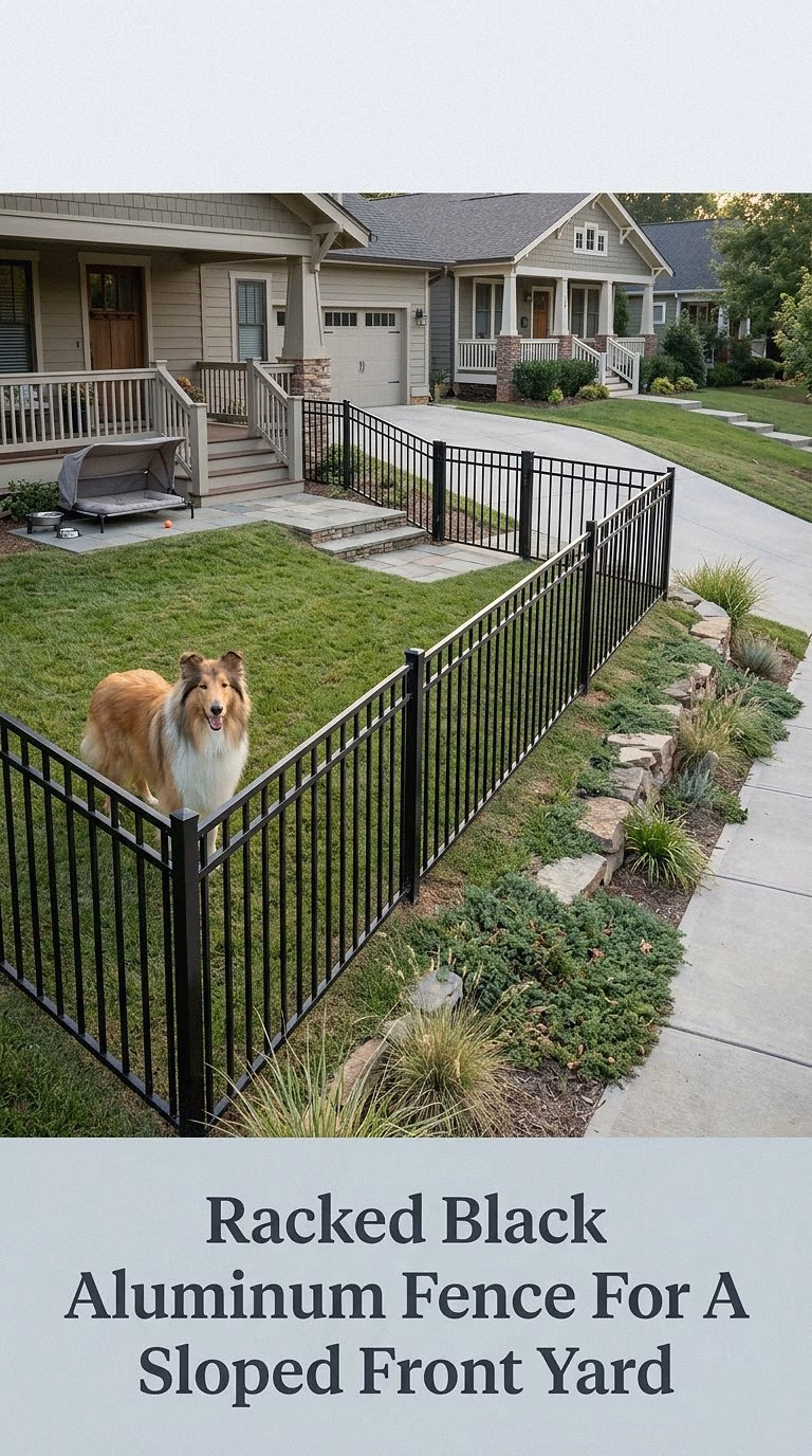 Racked Black Aluminum Fence For A Sloped Front Yard