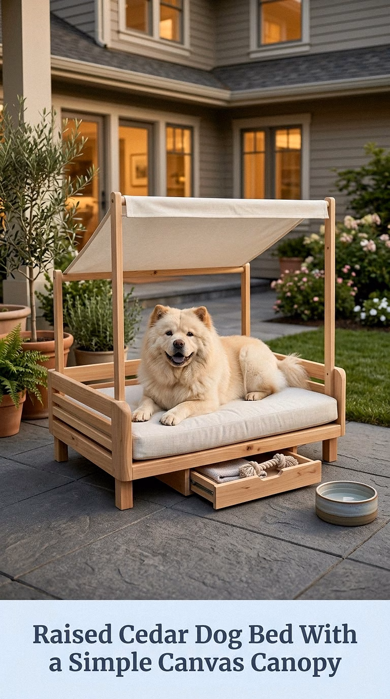Raised Cedar Dog Bed With a Simple Canvas Canopy