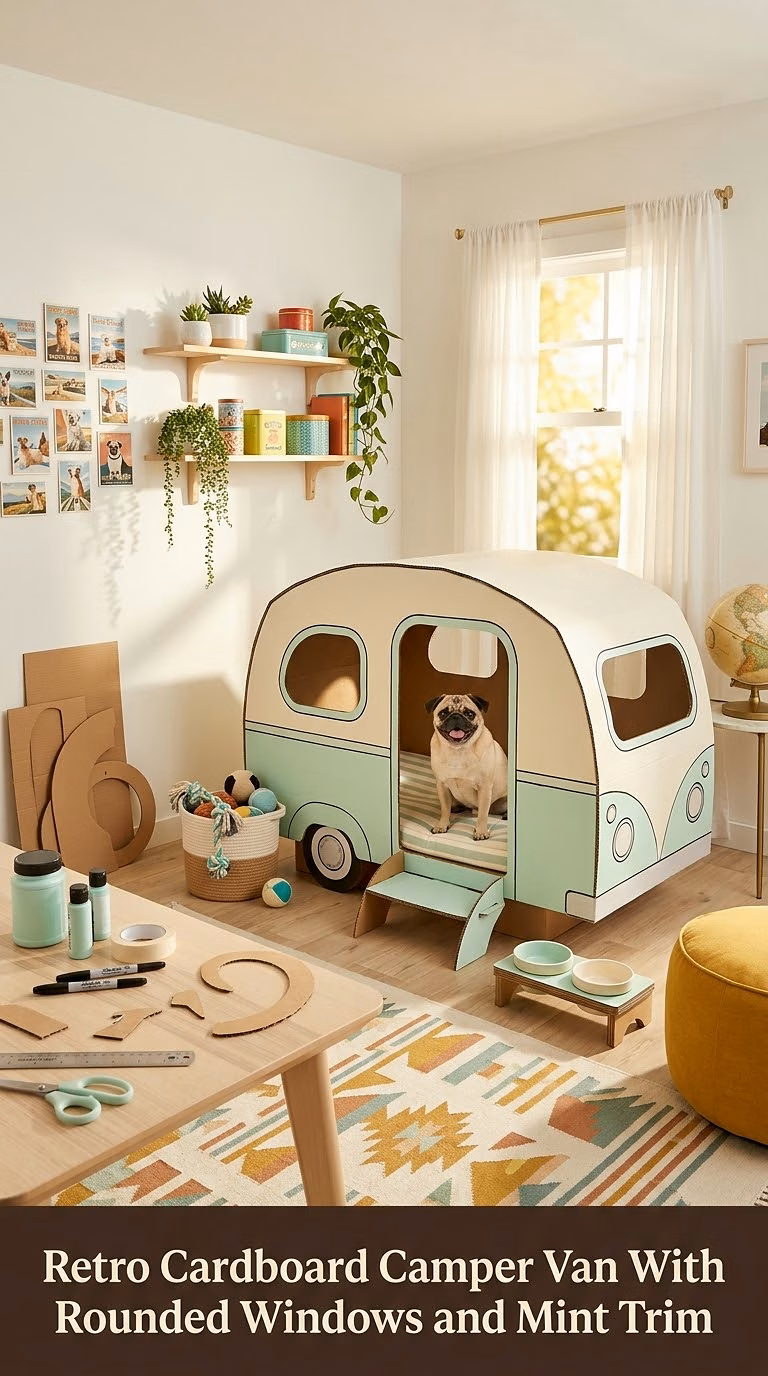 Retro Cardboard Camper Van With Rounded Windows and Mint Trim