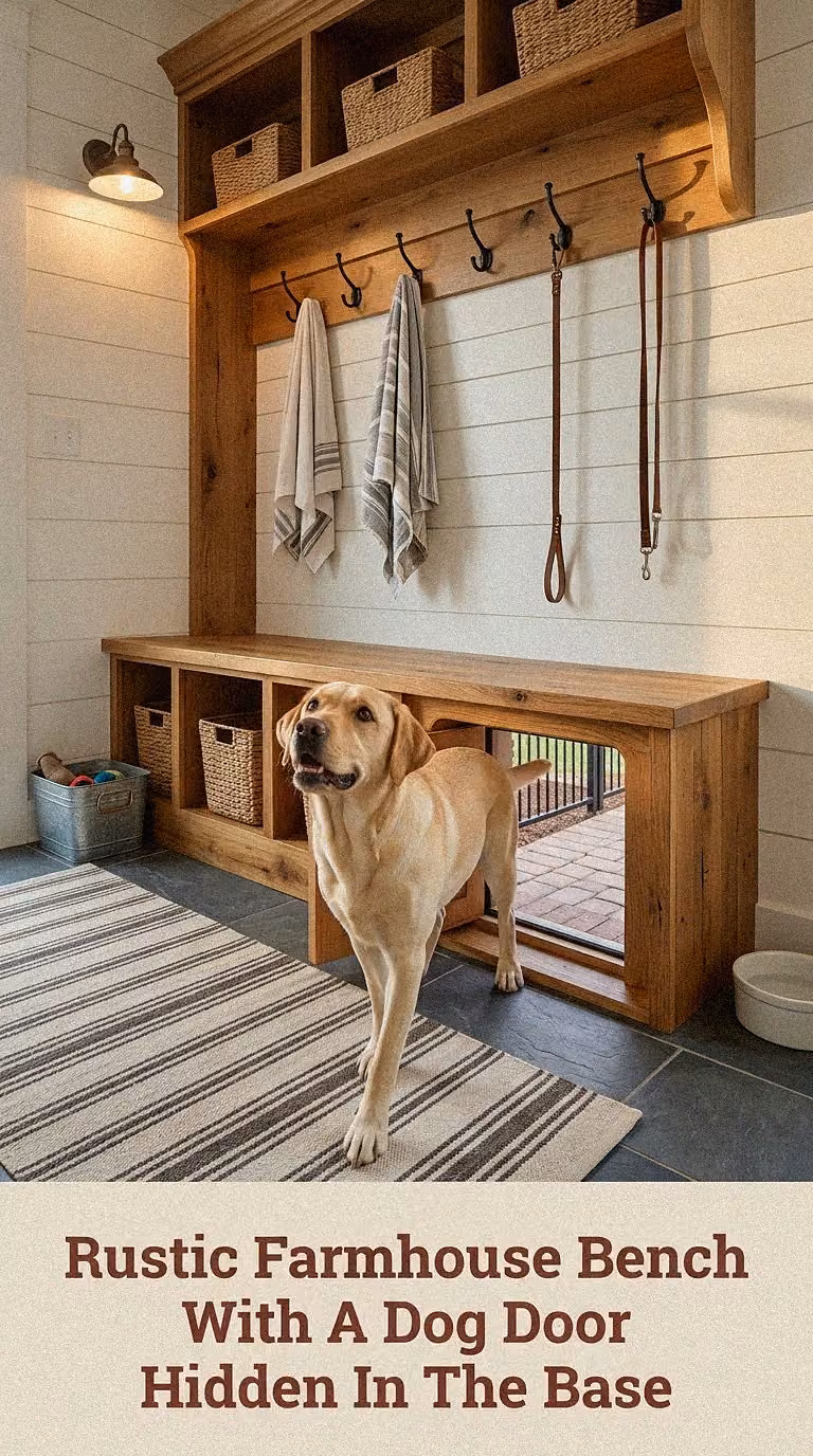 Rustic Farmhouse Bench With A Dog Door Hidden In The Base