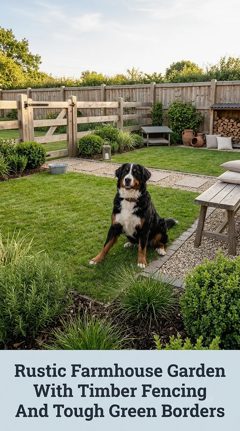 Rustic Farmhouse Garden With Timber Fencing And Tough Green Borders