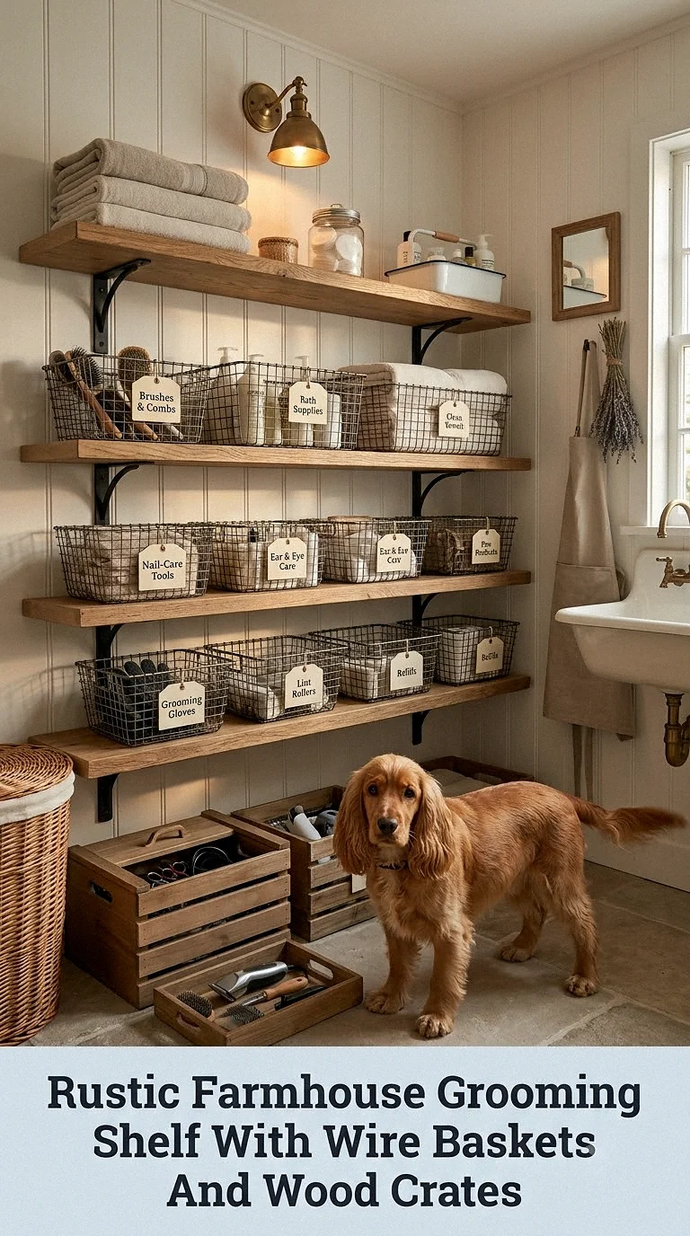 Rustic Farmhouse Grooming Shelf With Wire Baskets And Wood Crates