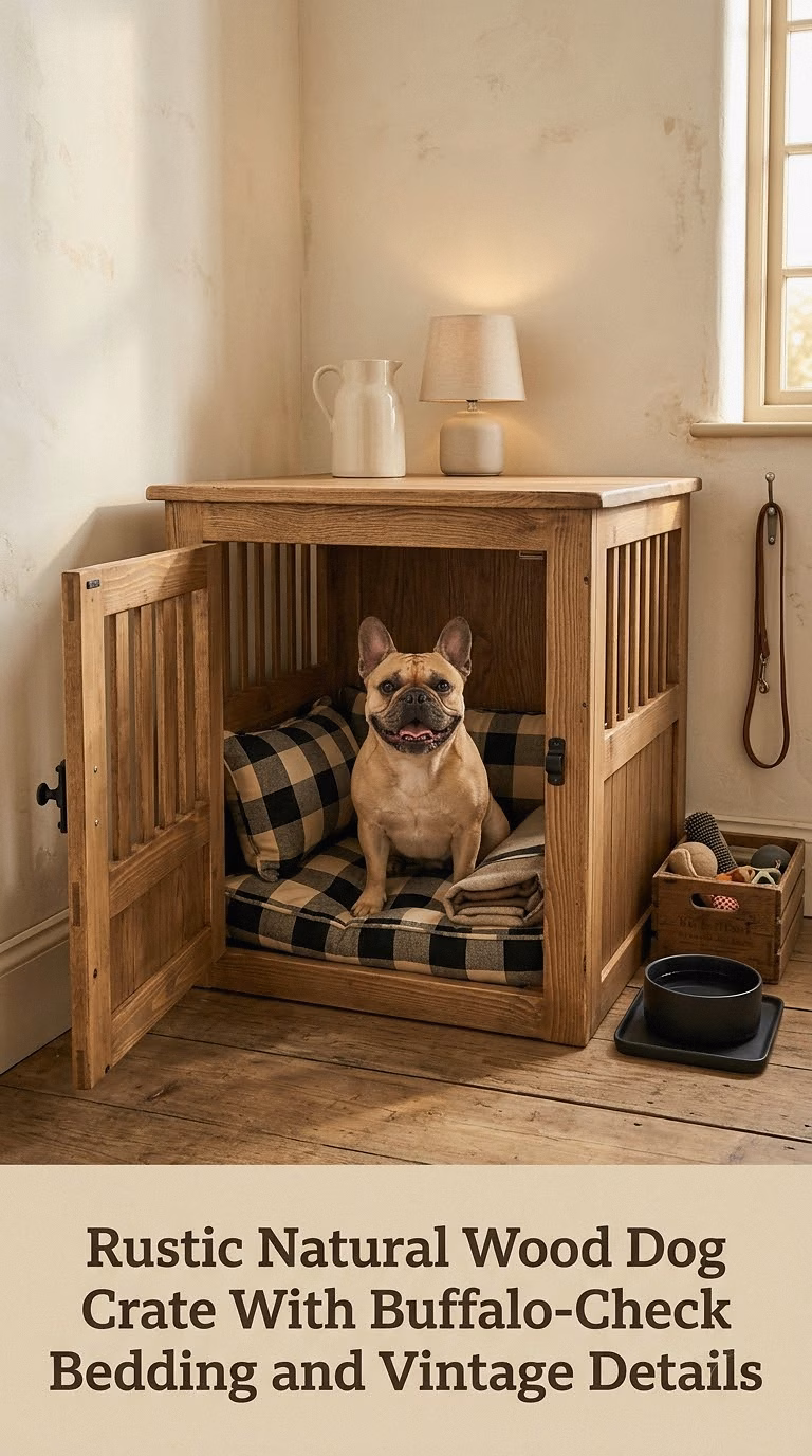 Rustic Natural Wood Dog Crate With Buffalo-Check Bedding and Vintage Details