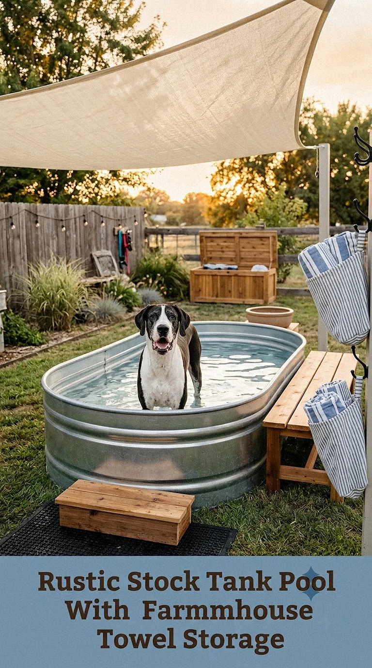 Rustic Stock Tank Pool With Farmhouse Towel Storage