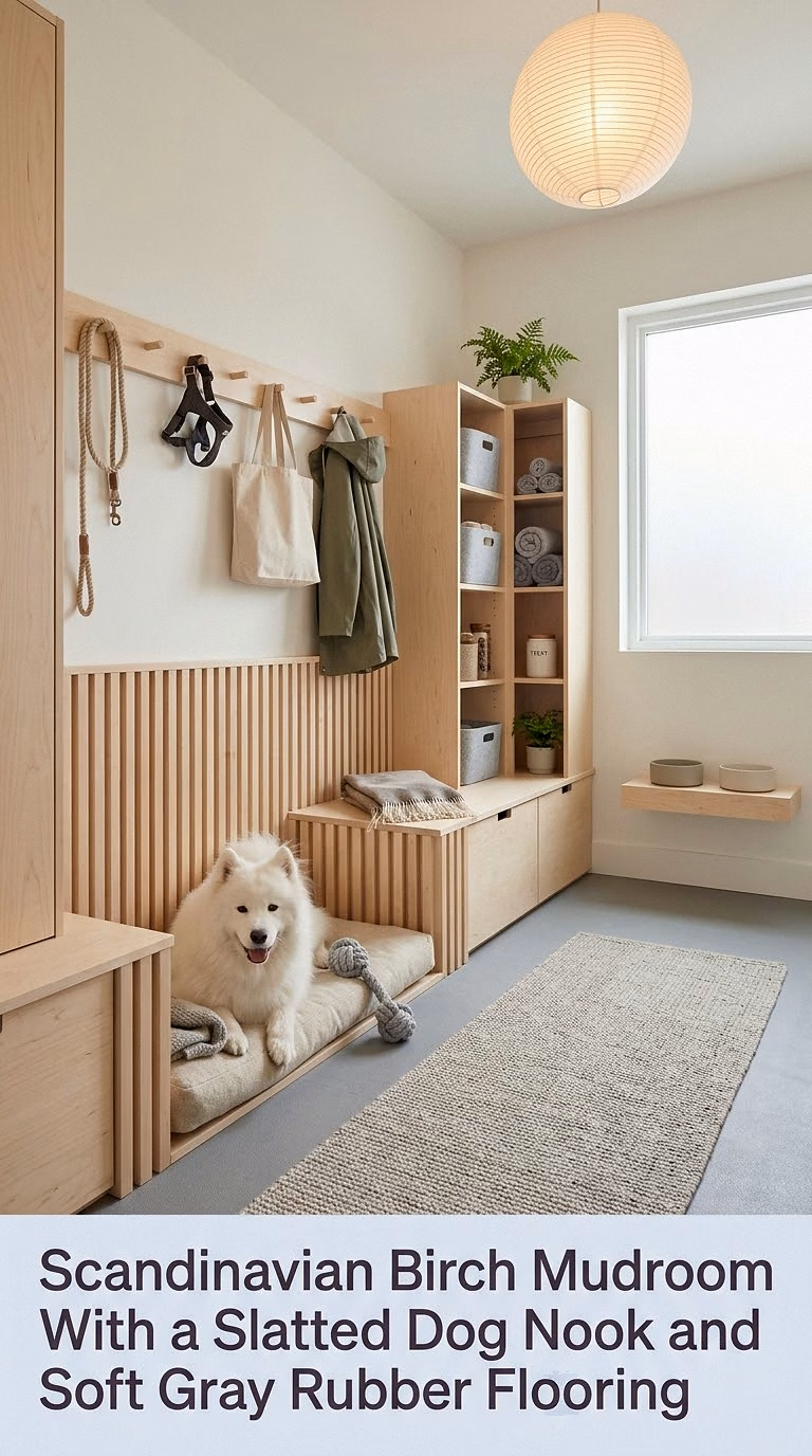 Scandinavian Birch Mudroom With a Slatted Dog Nook and Soft Gray Rubber Flooring