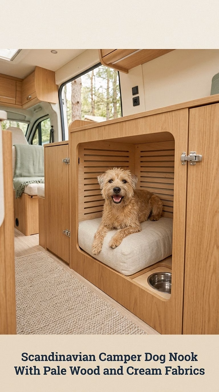 Scandinavian Camper Dog Nook With Pale Wood and Cream Fabrics