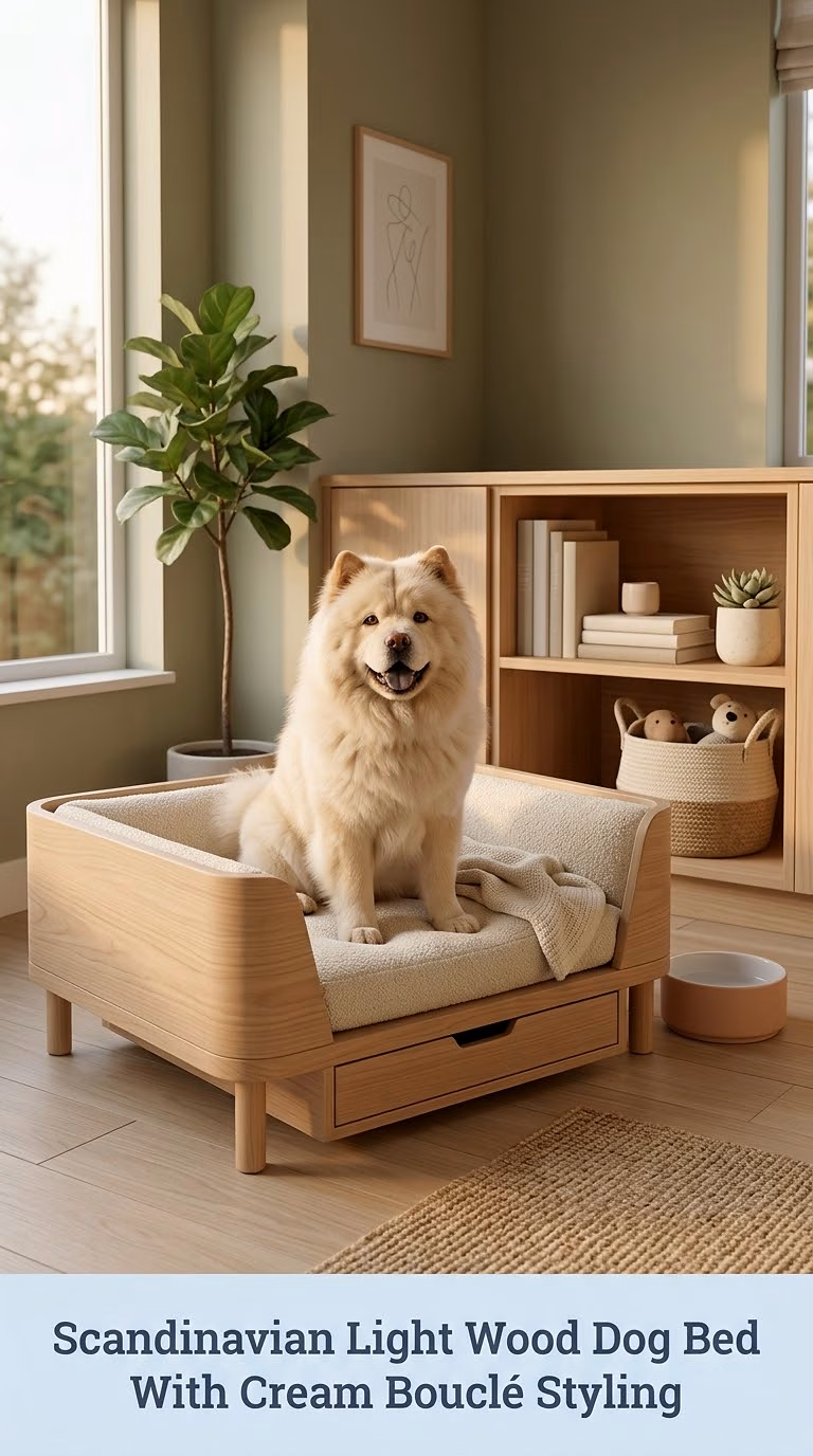 Scandinavian Light Wood Dog Bed With Cream Bouclé Styling