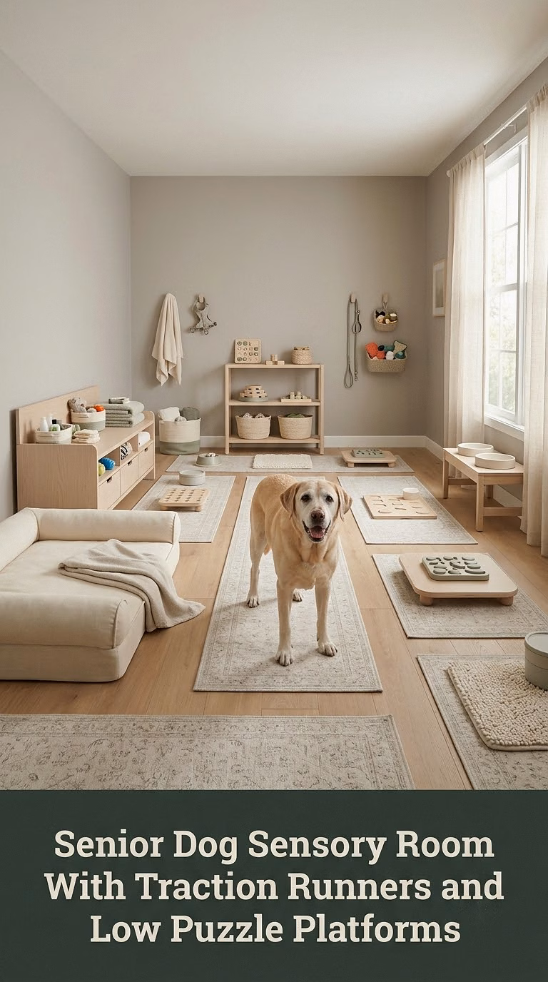 12. Senior Dog Sensory Room With Traction Runners and Low Puzzle Platforms