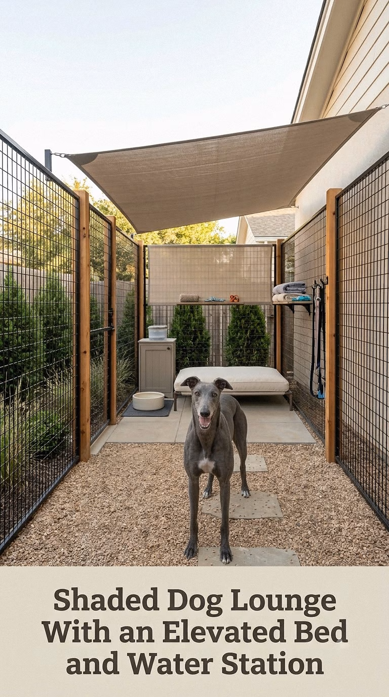 Shaded Dog Lounge With an Elevated Bed and Water Station