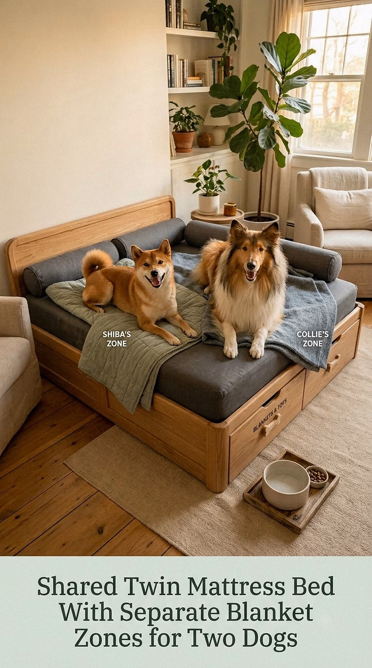 Shared Twin Mattress Bed With Separate Blanket Zones for Two Dogs