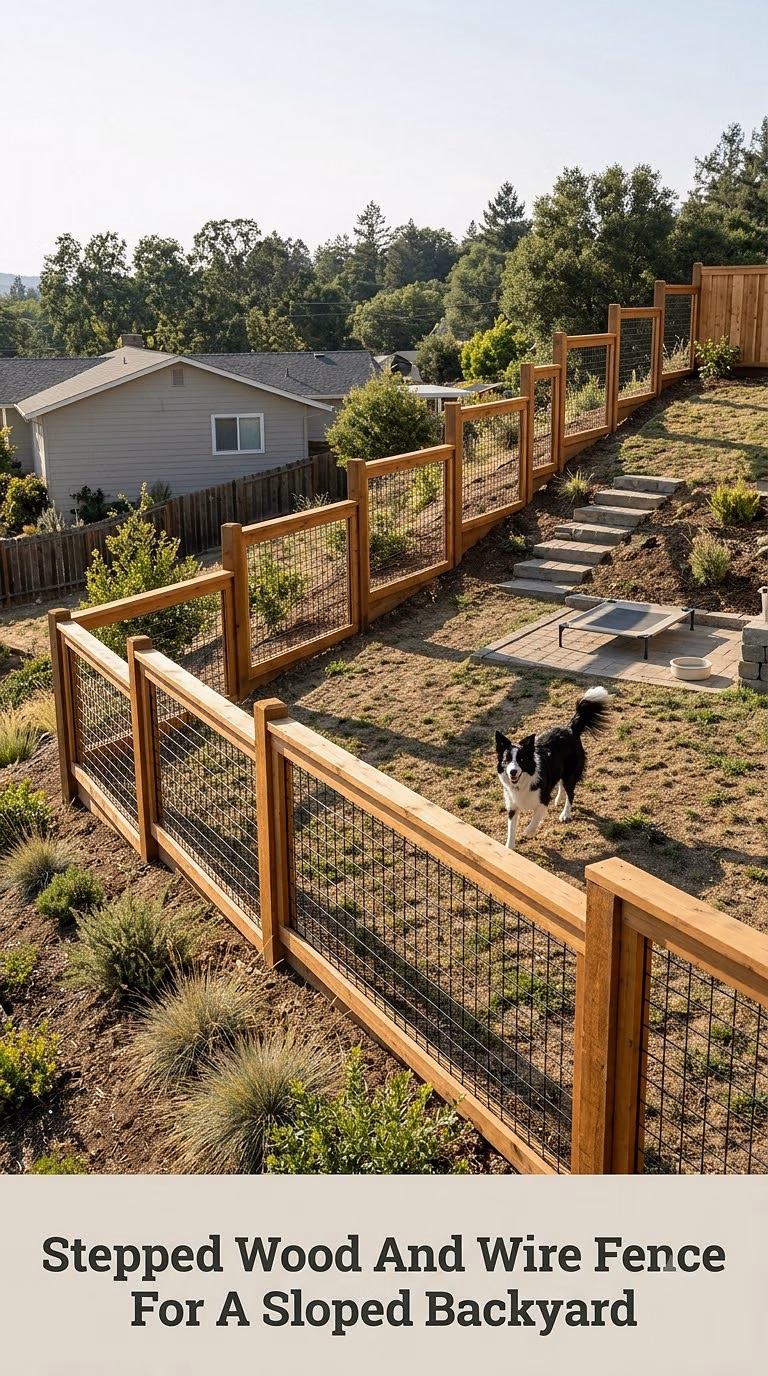 Stepped Wood And Wire Fence For A Sloped Backyard