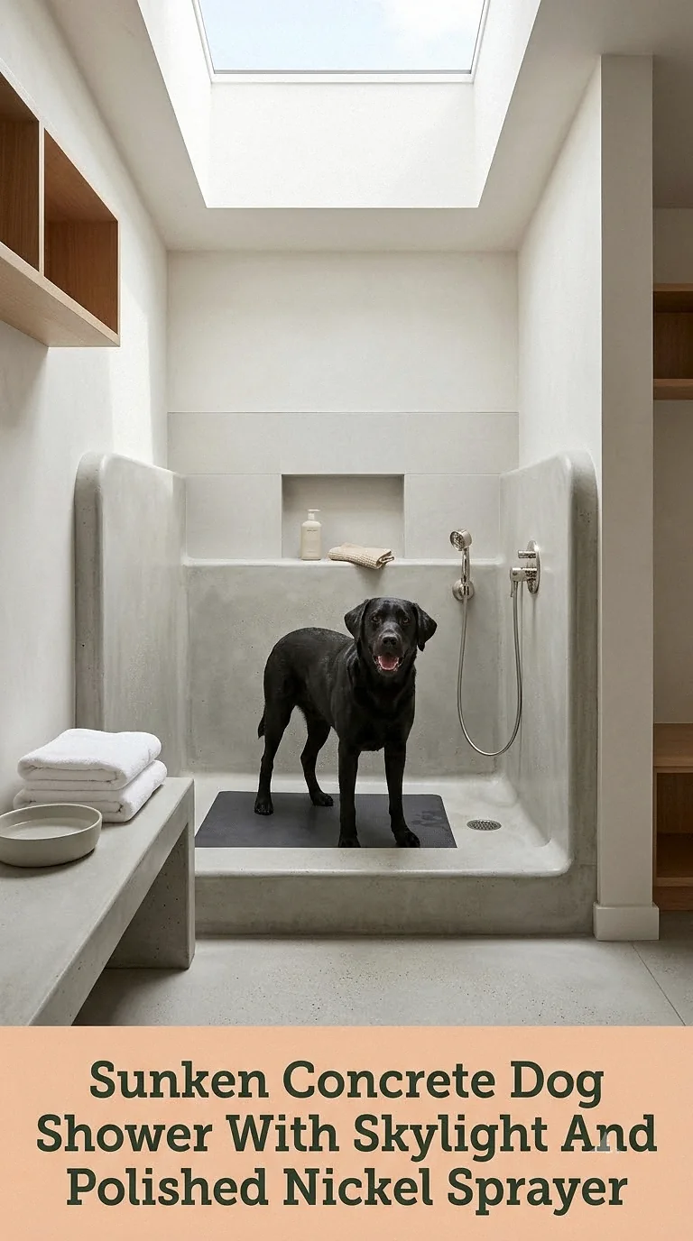 Sunken Concrete Dog Shower With Skylight And Polished Nickel Sprayer