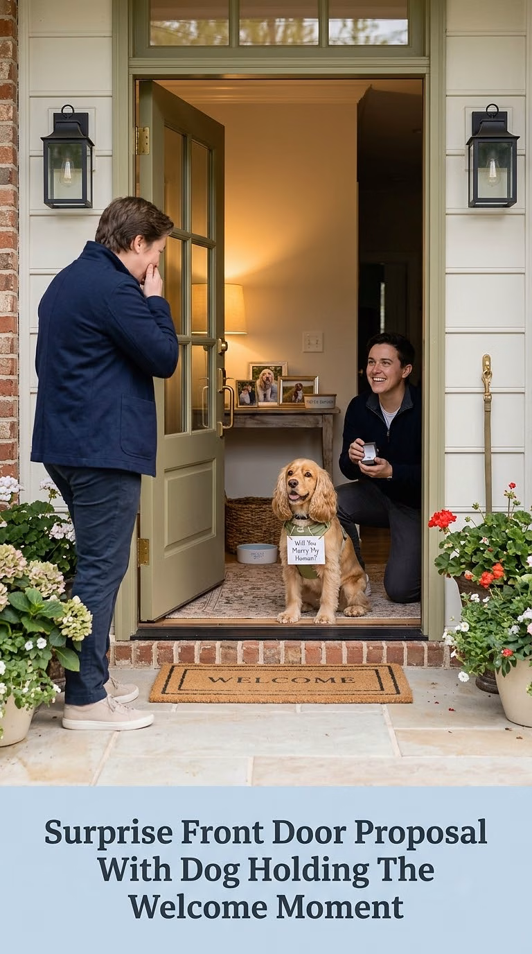 Surprise Front Door Proposal With Dog Holding The Welcome Moment