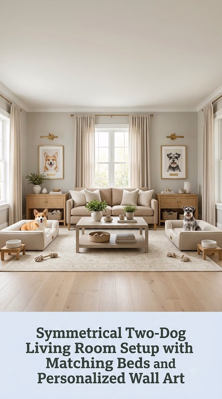 12. Symmetrical Two-Dog Living Room Setup with Matching Beds and Personalized Wall Art