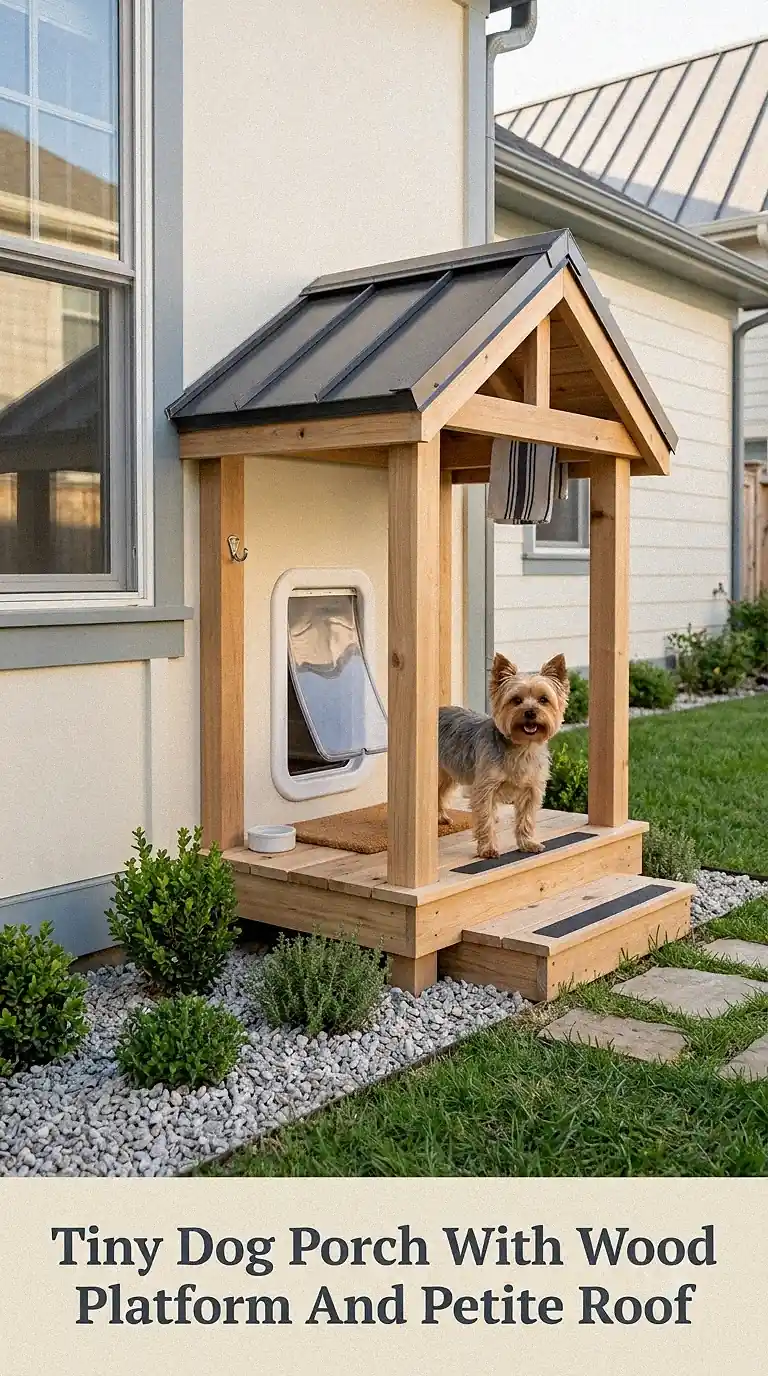 Tiny Dog Porch With Wood Platform And Petite Roof