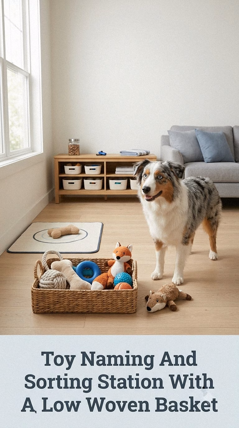 Toy Naming And Sorting Station With A Low Woven Basket
