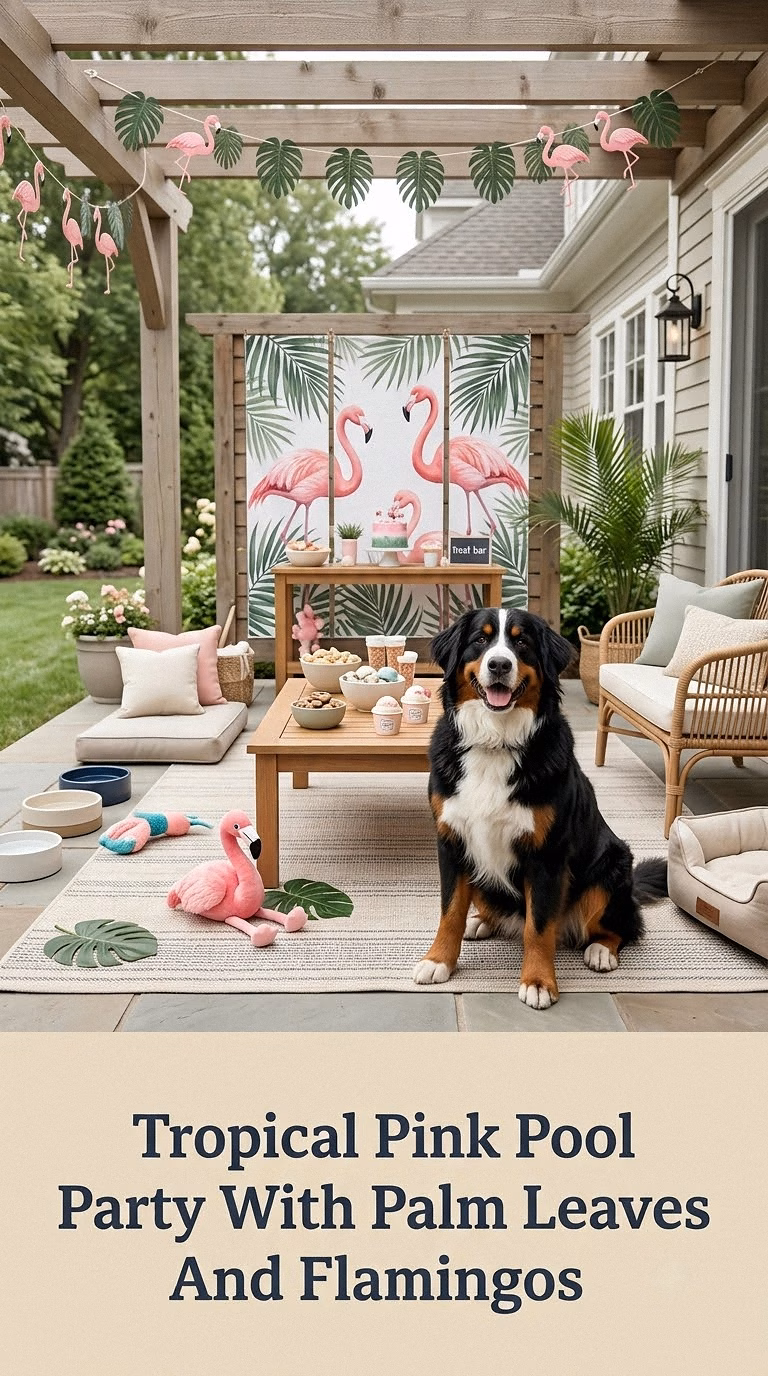 Tropical Pink Pool Party With Palm Leaves And Flamingos