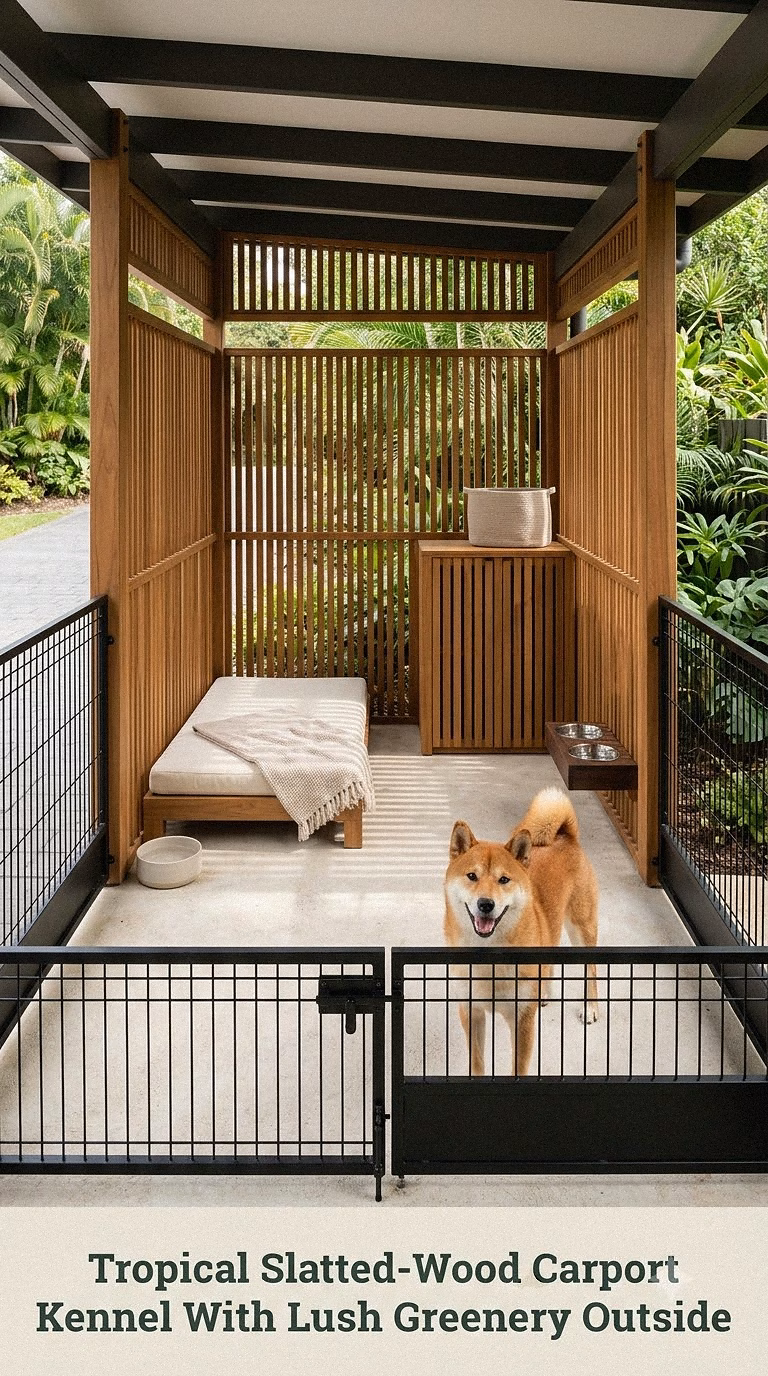Tropical Slatted-Wood Carport Kennel With Lush Greenery Outside