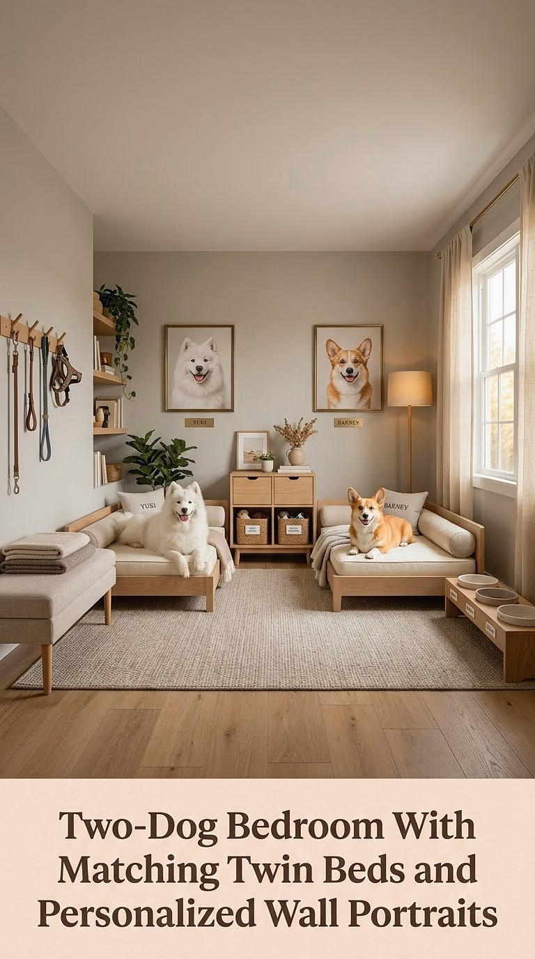 12. Two-Dog Bedroom With Matching Twin Beds and Personalized Wall Portraits