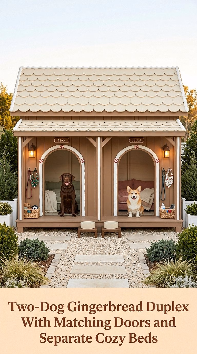Two-Dog Gingerbread Duplex With Matching Doors and Separate Cozy Beds