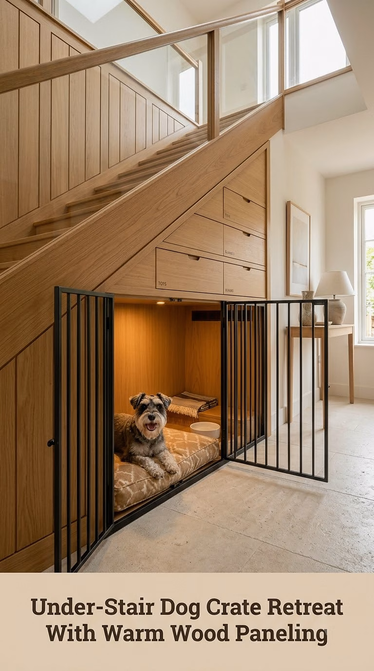 Under-Stair Dog Crate Retreat With Warm Wood Paneling