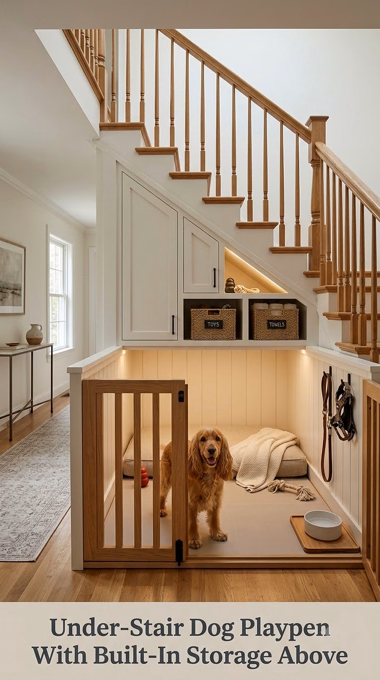 Under-Stair Dog Playpen With Built-In Storage Above