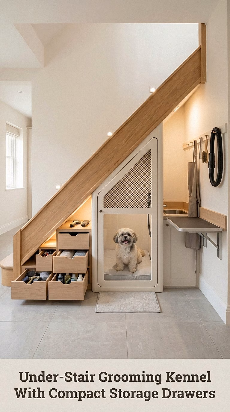 Under-Stair Grooming Kennel With Compact Storage Drawers