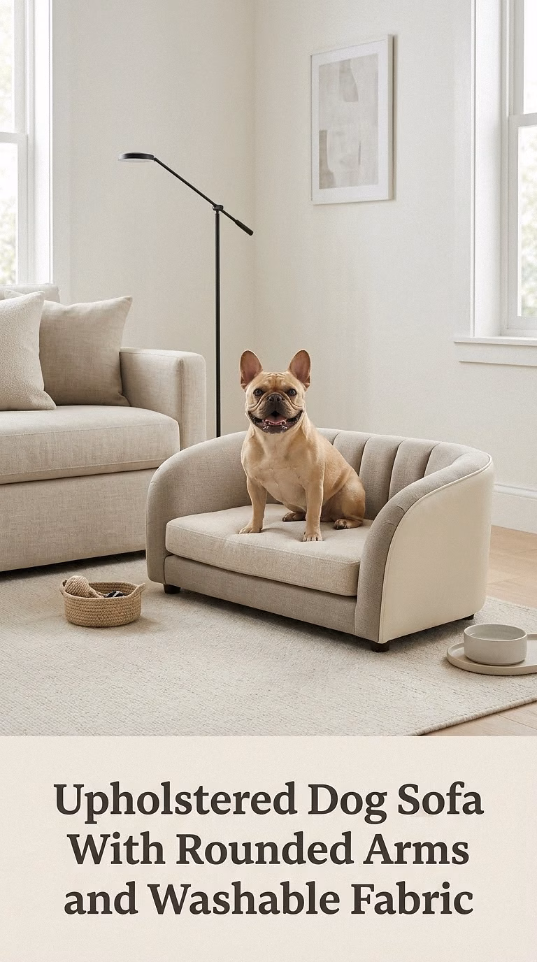 Upholstered Dog Sofa With Rounded Arms and Washable Fabric