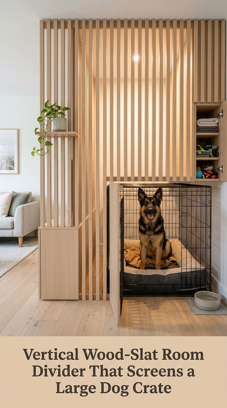 Vertical Wood-Slat Room Divider That Screens a Large Dog Crate