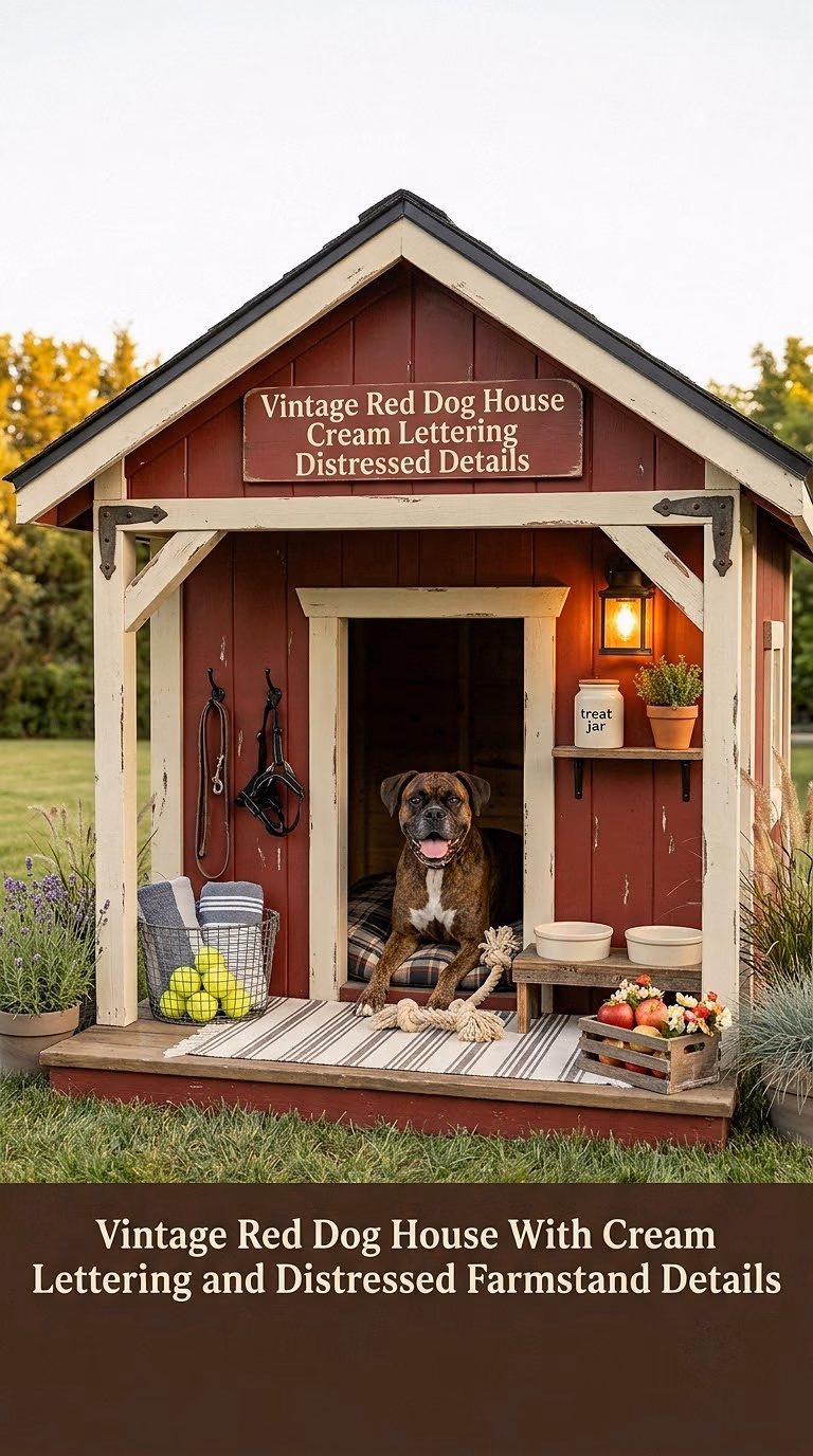 12. Vintage Red Dog House With Cream Lettering and Distressed Farmstand Details