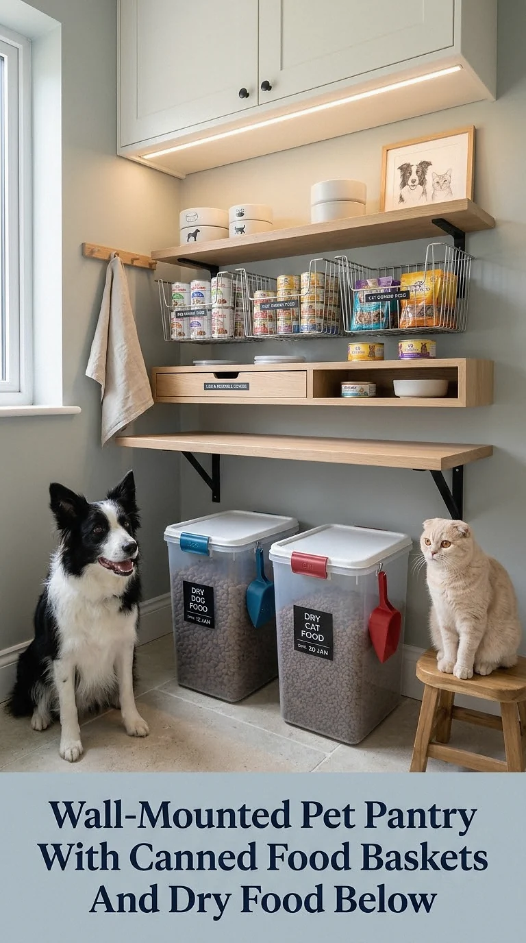 Wall-Mounted Pet Pantry With Canned Food Baskets And Dry Food Below