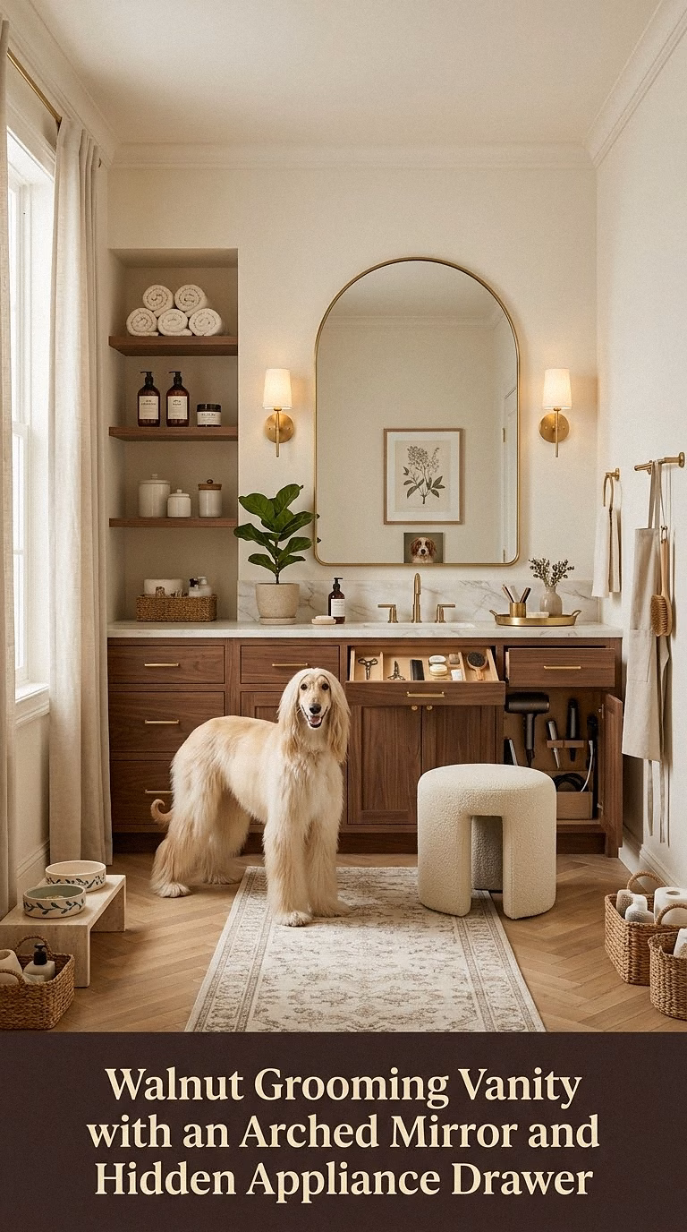 Walnut Grooming Vanity with an Arched Mirror and Hidden Appliance Drawer