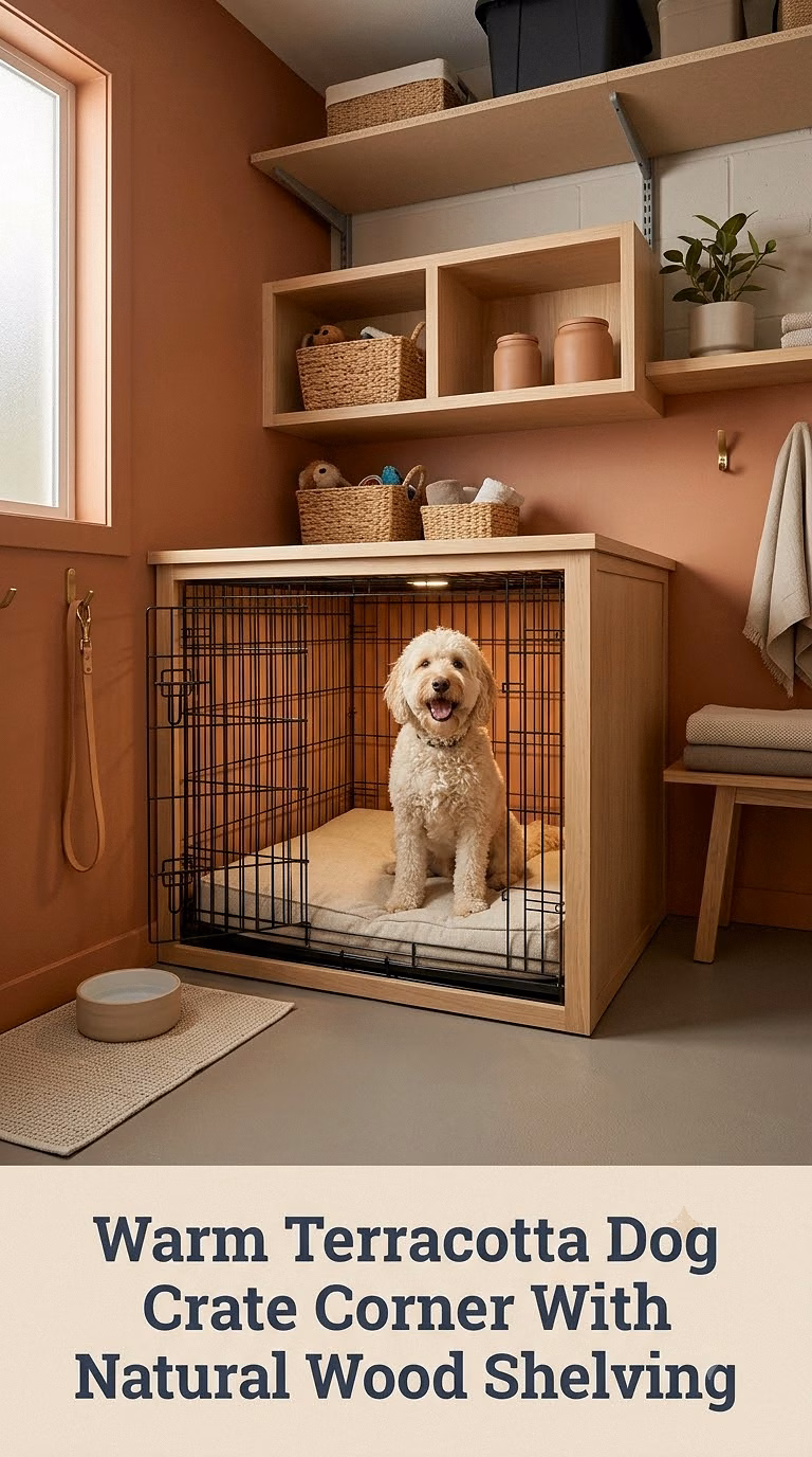 Warm Terracotta Dog Crate Corner With Natural Wood Shelving