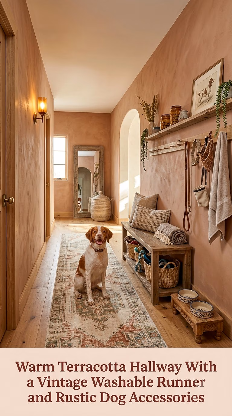 12. Warm Terracotta Hallway With a Vintage Washable Runner and Rustic Dog Accessories