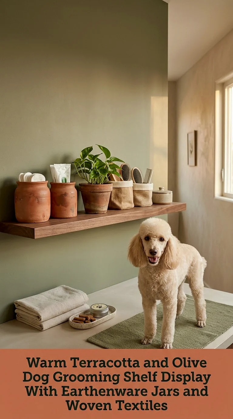Warm Terracotta and Olive Dog Grooming Shelf Display With Earthenware Jars and Woven Textiles