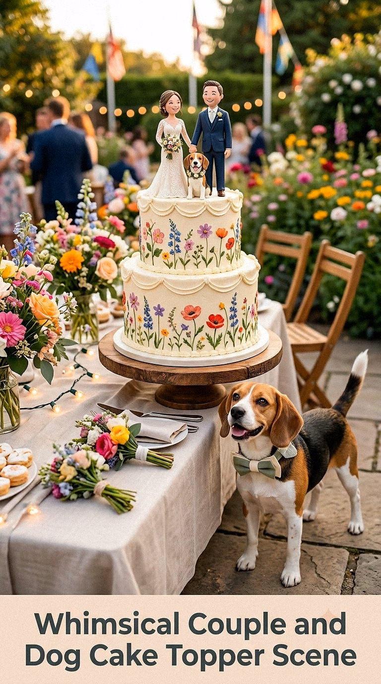 Whimsical Couple and Dog Cake Topper Scene