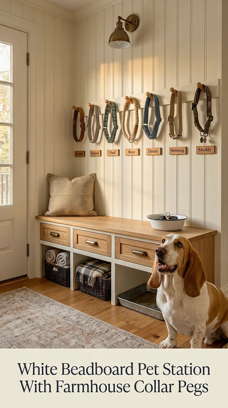 White Beadboard Pet Station With Farmhouse Collar Pegs