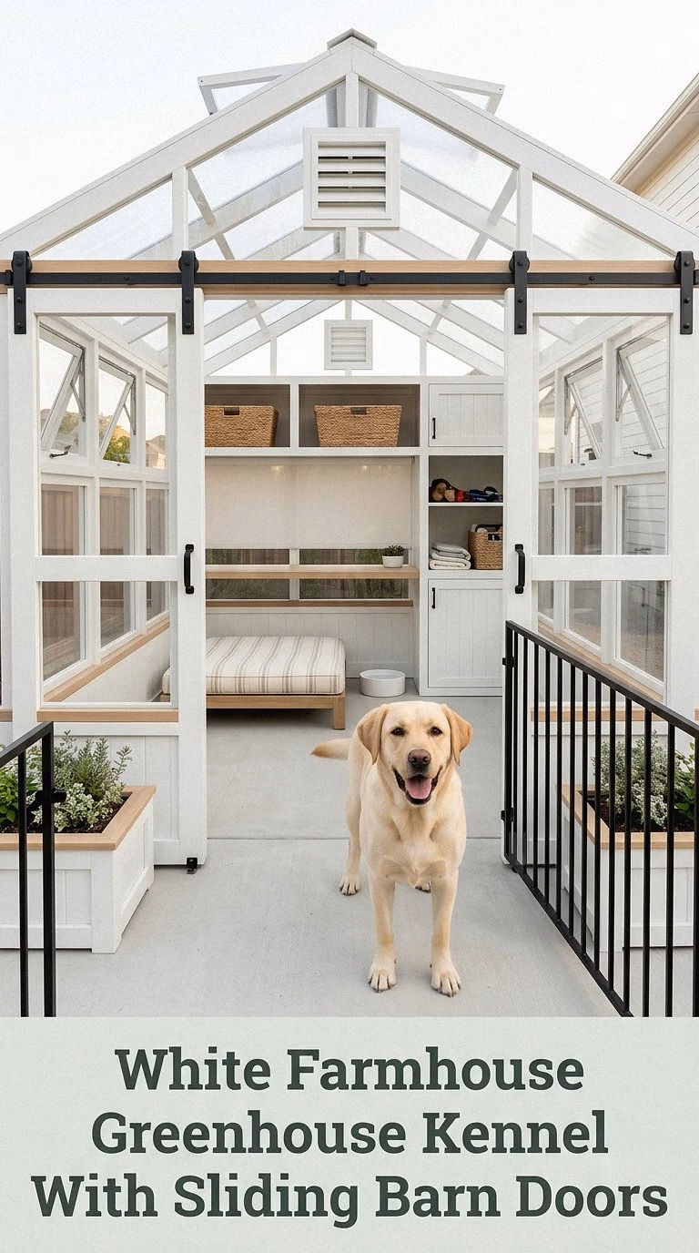 White Farmhouse Greenhouse Kennel With Sliding Barn Doors