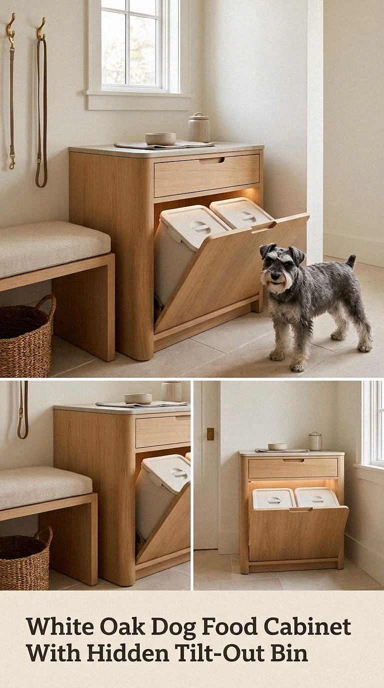 White Oak Dog Food Cabinet With Hidden Tilt-Out Bin