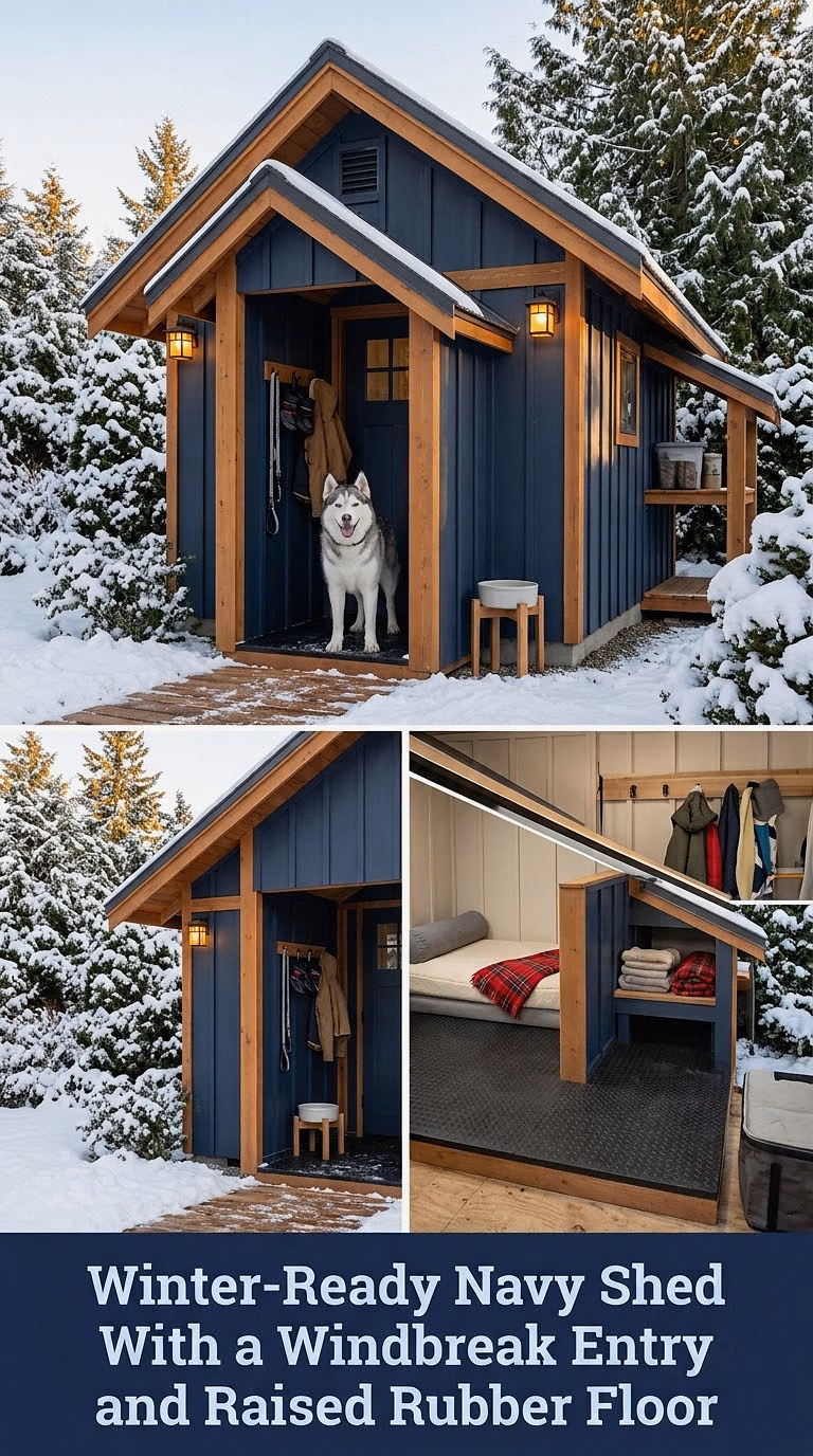 12. Winter-Ready Navy Shed With a Windbreak Entry and Raised Rubber Floor
