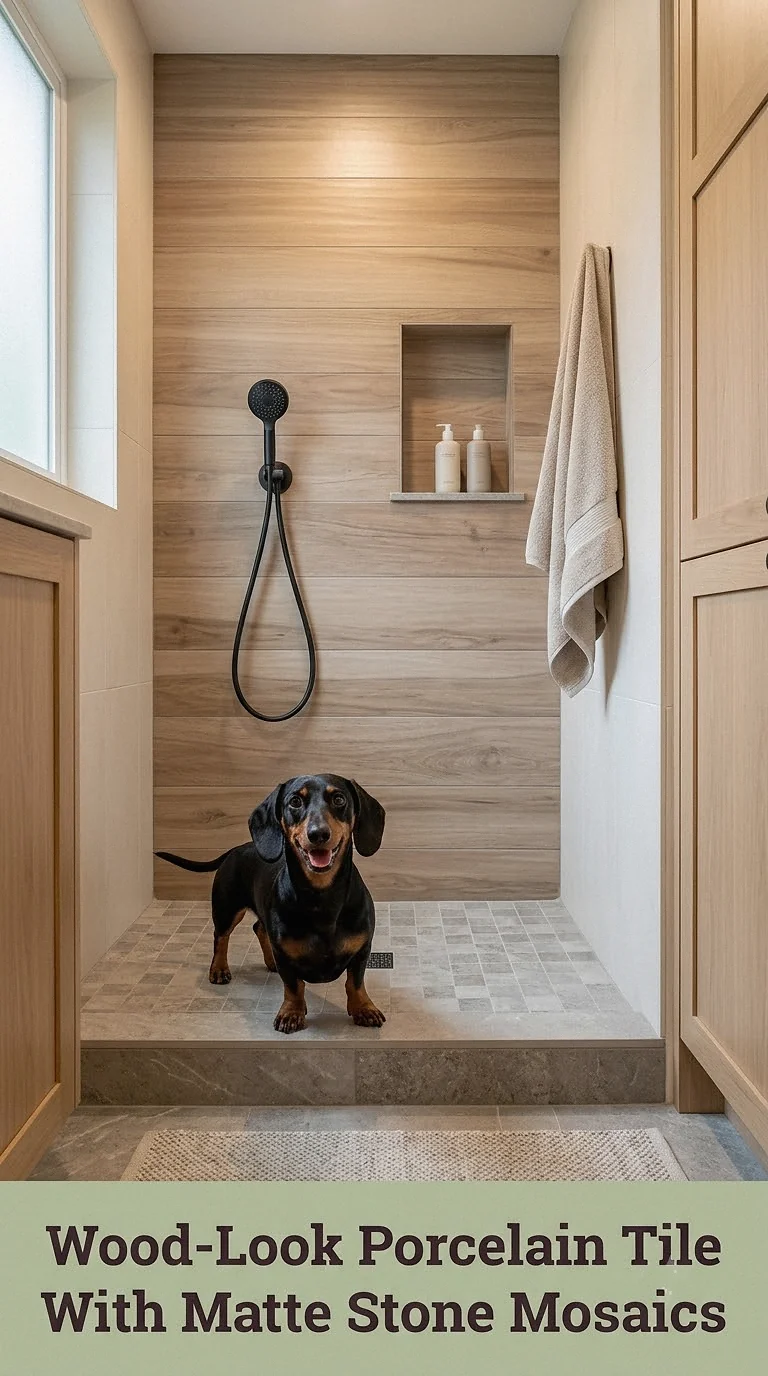 Wood-Look Porcelain Tile With Matte Stone Mosaics