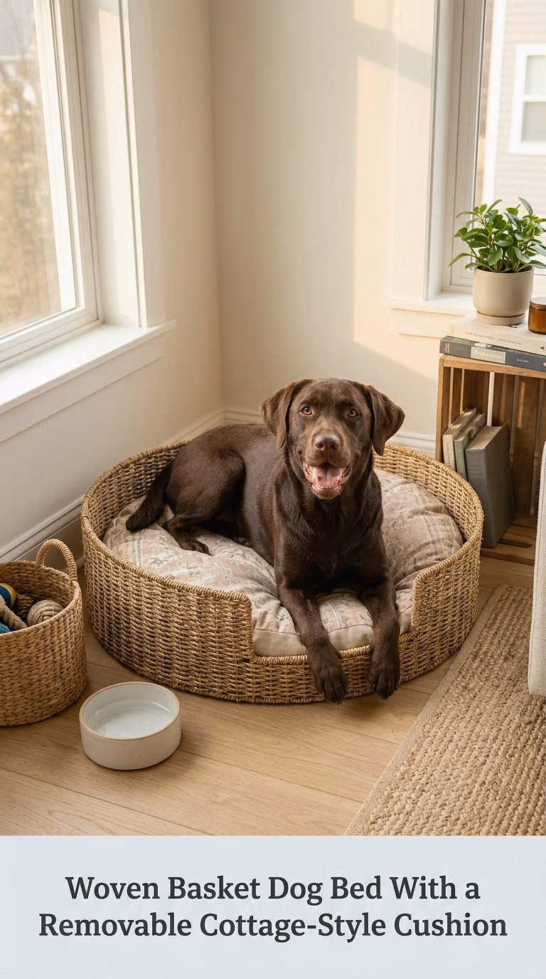 Woven Basket Dog Bed With a Removable Cottage-Style Cushion
