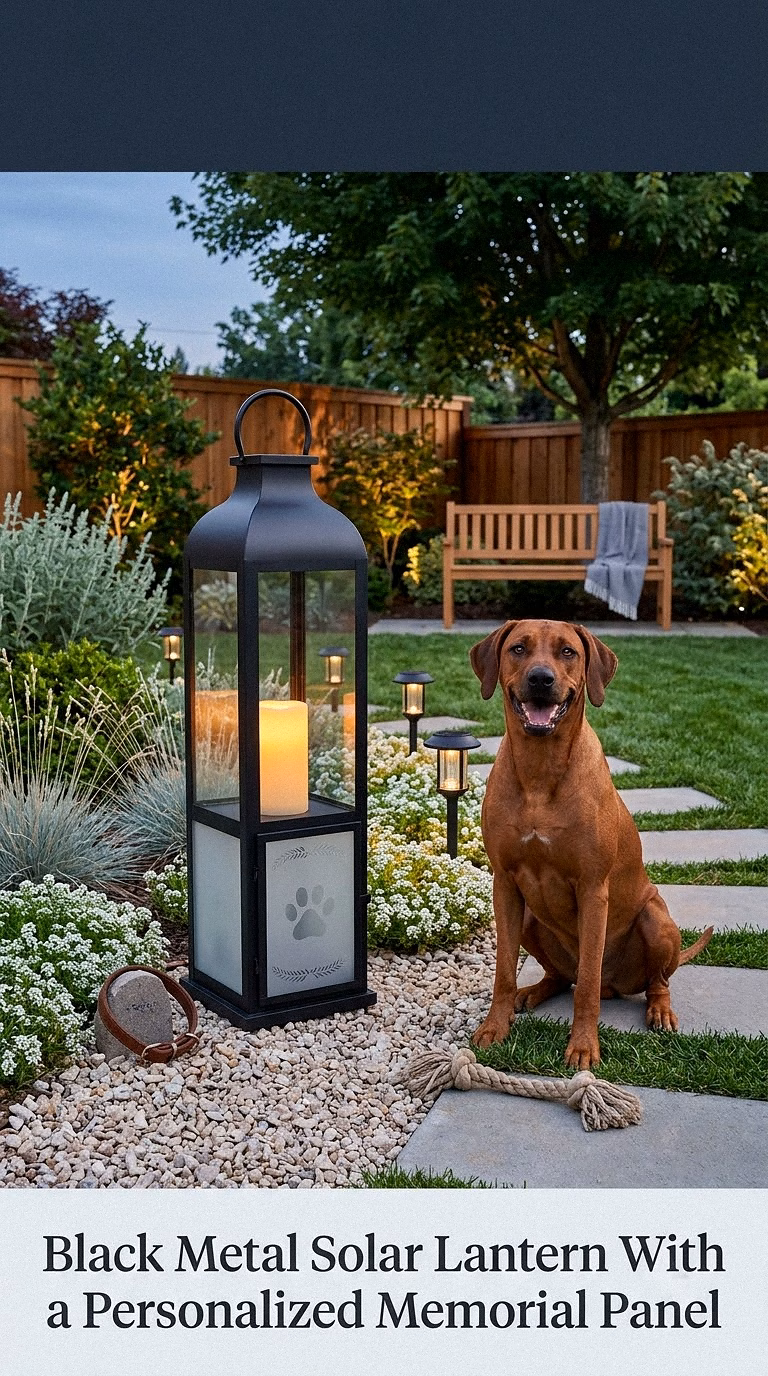 13. Black Metal Solar Lantern With a Personalized Memorial Panel